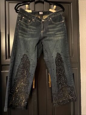 Cache Dark Wash Embellished Lace Crop Jeans - Women size 6